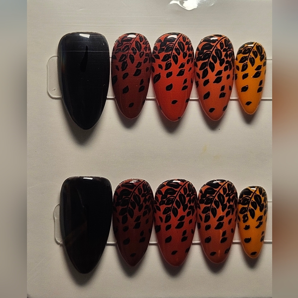 Black and Orange Leaf Design Press-On Nails